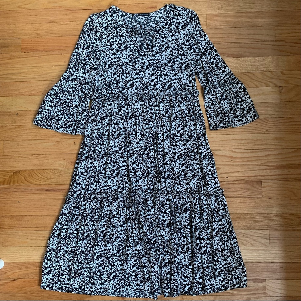 Zara Black White Floral Long Sleeve Tiered Boho Midi Dress Sz S